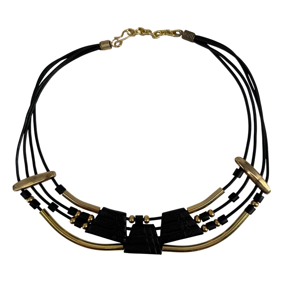 Vintage Gold Tone Black Multi Strand Geometric Bib Statement Necklace
